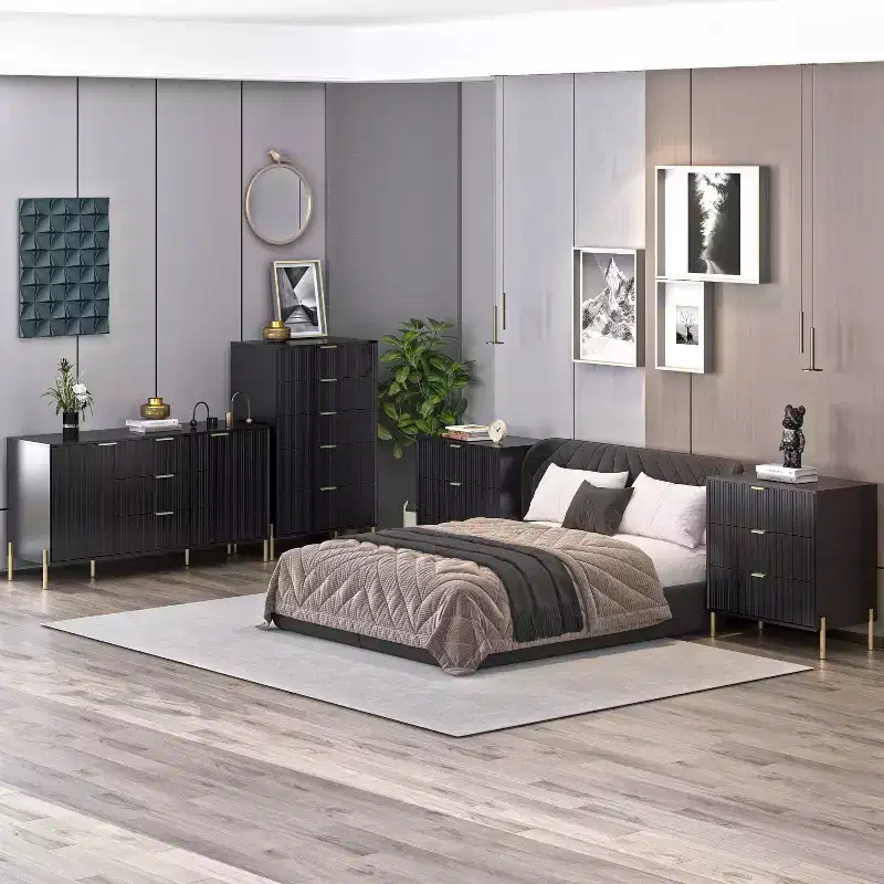 Festivo 4pc Modern Elegance Bedremm Chest and Dresser and 3 Drawer Nightstands Set Black