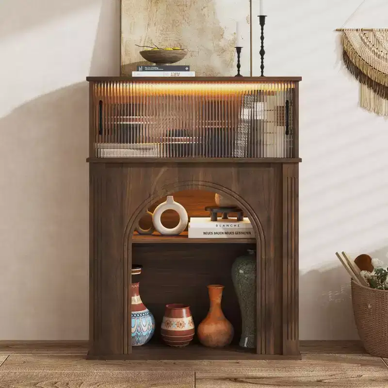Famapy Dark Walnut Accent Cabinet with Fluted Glass & Adjustable LED Lighting