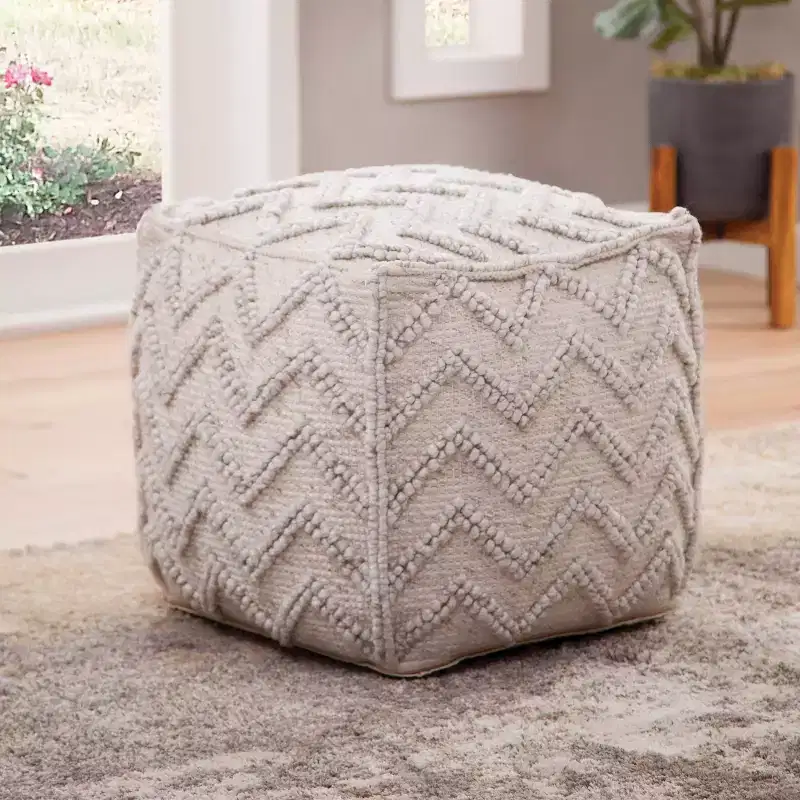 Square Zigzag Handwoven Pouf Ivory