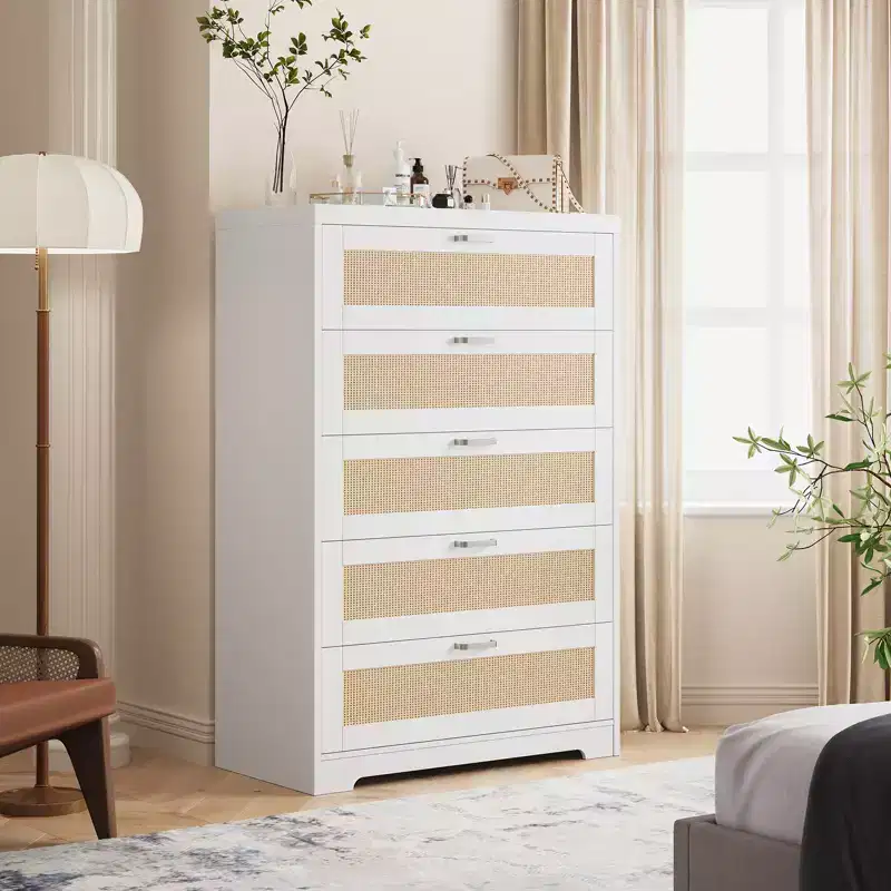 Modern Rattan Dresser with Natural Wood & Rattan Panels, Storage Chest for Bedroom, Closet and Entryway
