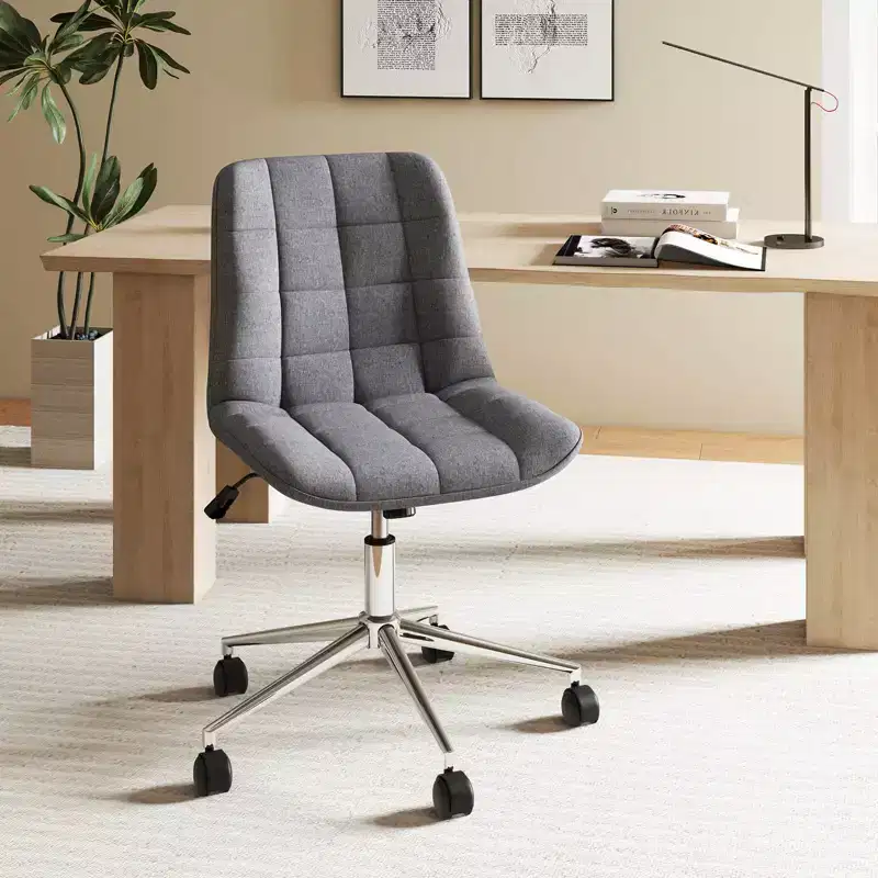 Armless Upholstered Office Chair with Adjustable Height & 360 Swivel Wheels, Gray/White