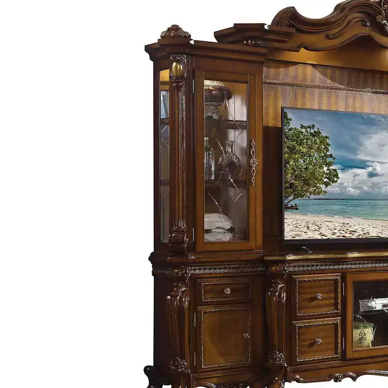 Picardy 115" Tv Entertainment Centers Honey Oak - Acme Furniture: Elegant Queen Anne Legs, Beveled Glass Doors, Touch Lighting