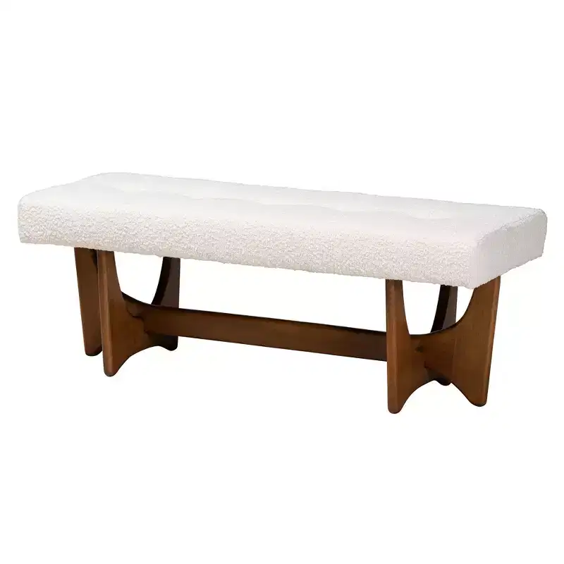 Baxton Studio Theo Mid-Century Modern Greyish Beige Fabric Upholstered Walnut Finished Bench