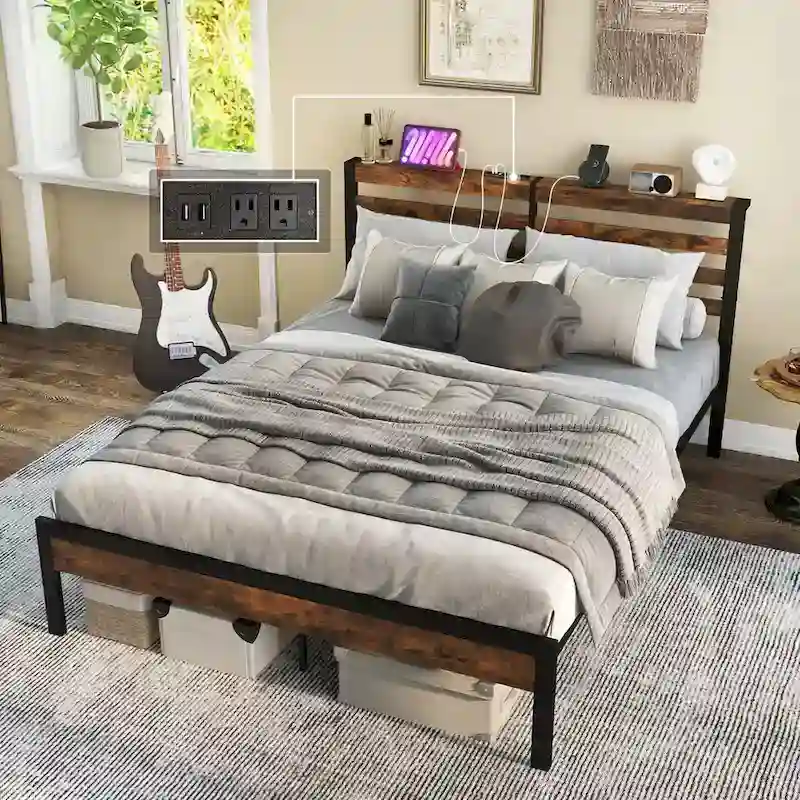 Full Industrial Metal Platform Bed Frame Charging Station