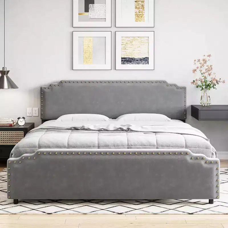 Velvet Upholstered Platform Bed with Riveted Headboard and Sturdy Woodslat Support. No Box Spring Required, Easy to Assemble