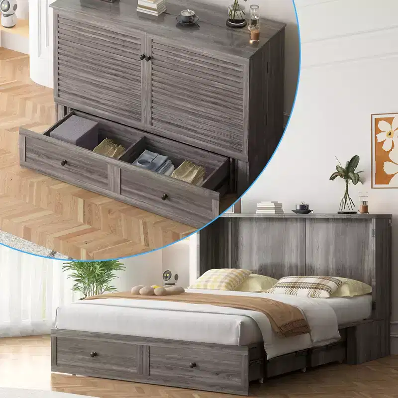 Mjkone Modern Queen Size Murphy Bed with USB ports,2 Drawerswith 4.72''Mattress