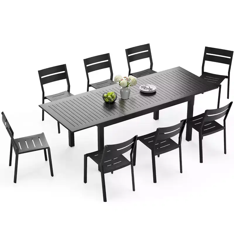 Crestlive Products 9pc Patio Expandable Dining Set Aluminum Outdoor Rectangular Table for 6 to 8 with Chairs