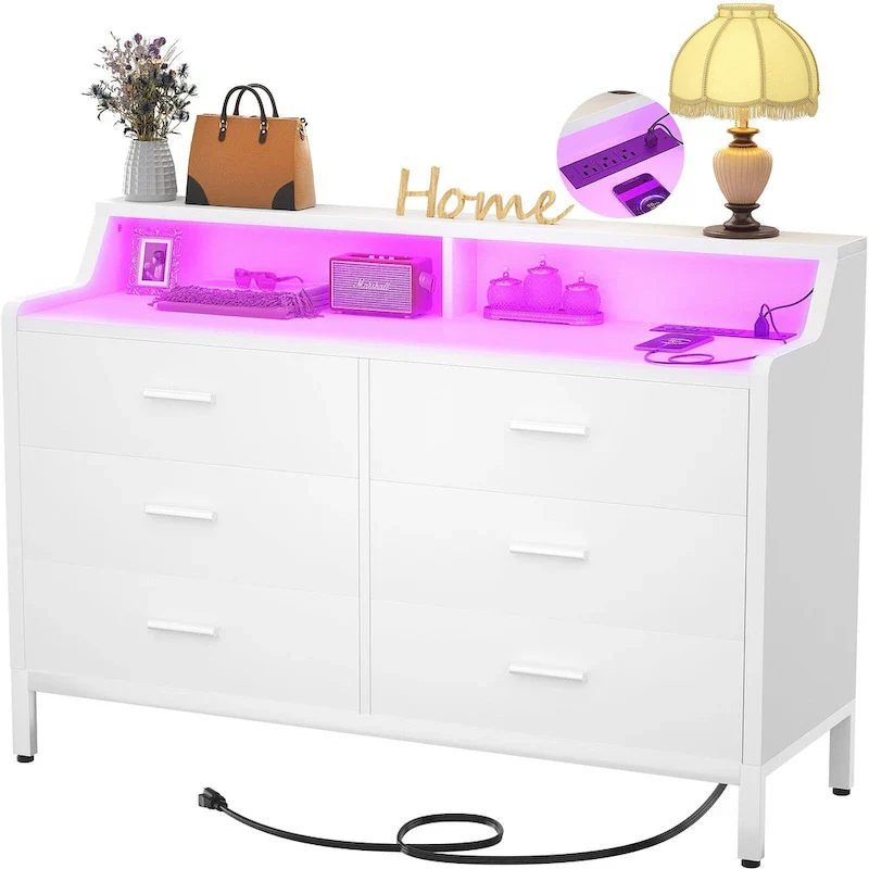 Dresser with Charge Station and LED Light, Chest of Drawers Closet Organizer with 6 Drawers