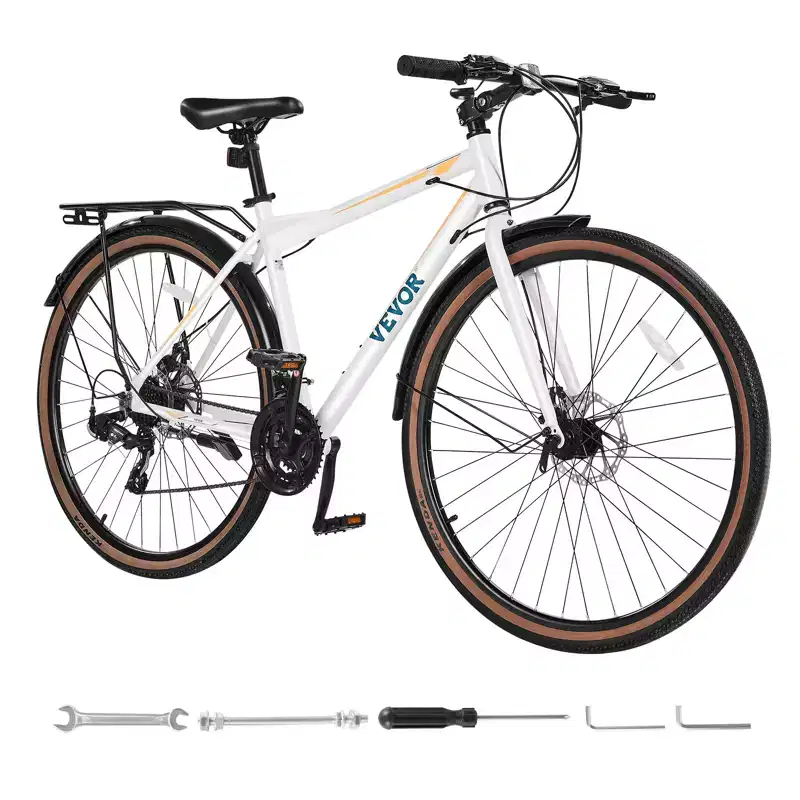 VEVOR Hybrid Bike, Lightweight Aluminum Frame Bike, 700c Wheel Men Women Hybrid Bicycle, Step-Over Adult Urban City Commuter Bikes, White