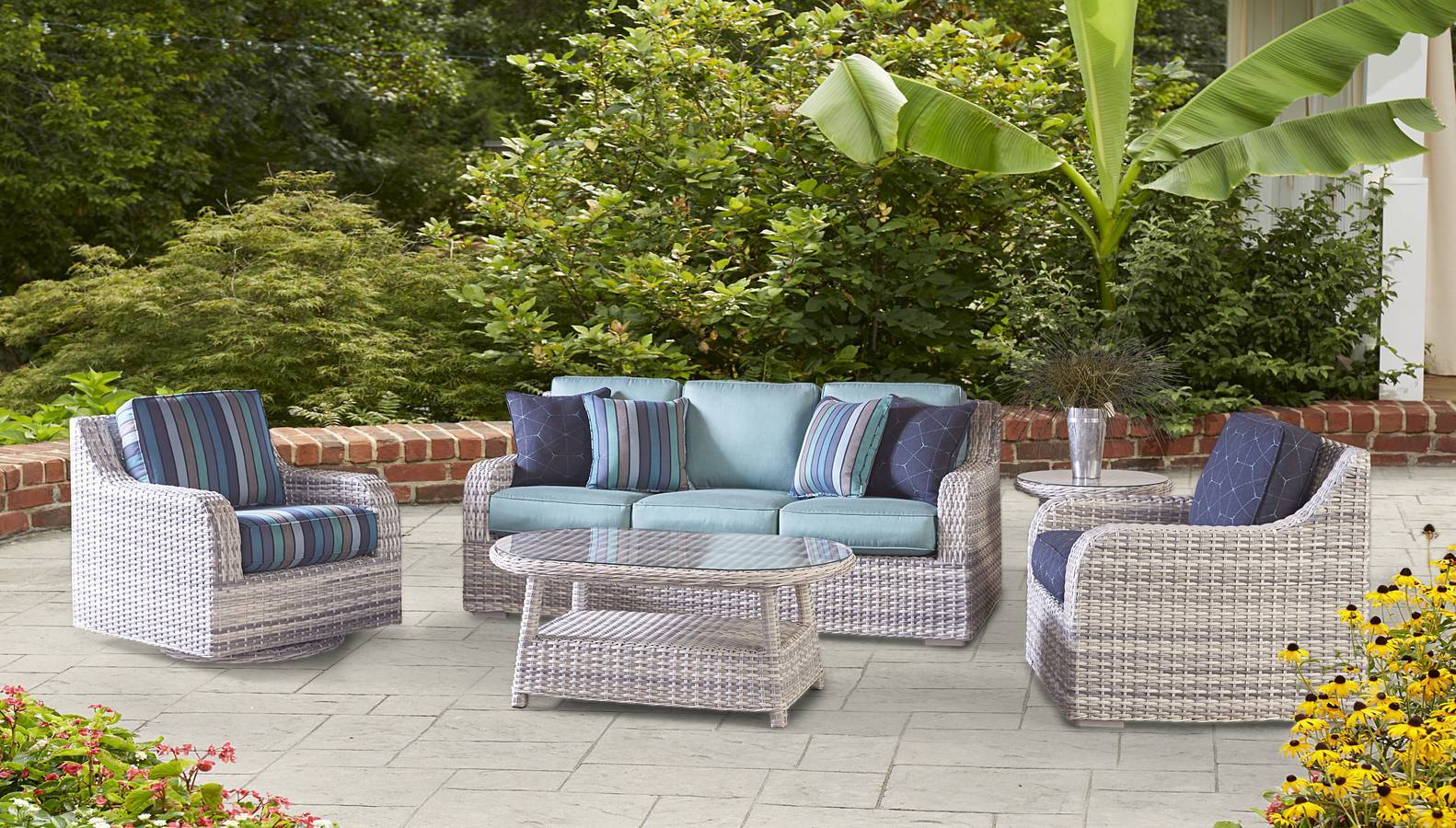 Outdoor Wicker Curved Patio Sofa with Blue Cushions and Pillows ICE Gray