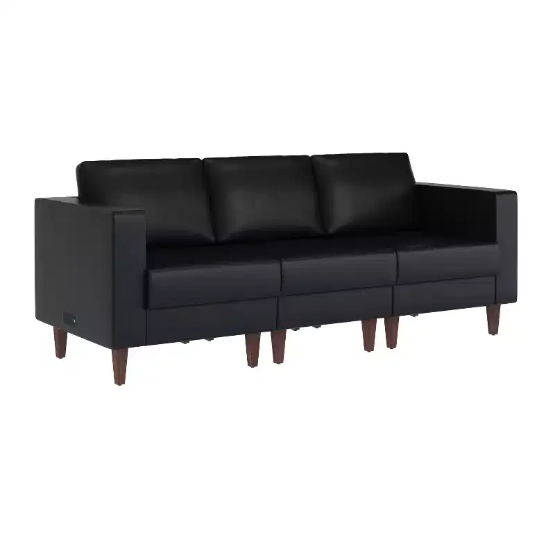 Upholstered Reception Sofa with 4 AC Outlets/2 USB/2 USB-C Ports and Wood Walnut Legs with Adjustable Floor Glides