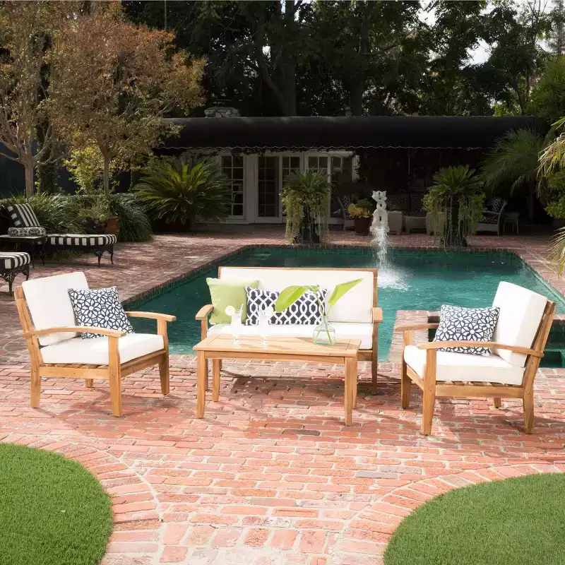 GDFStudio Keanu Outdoor Acacia Wood 4 Seater Chat Set with Cushions