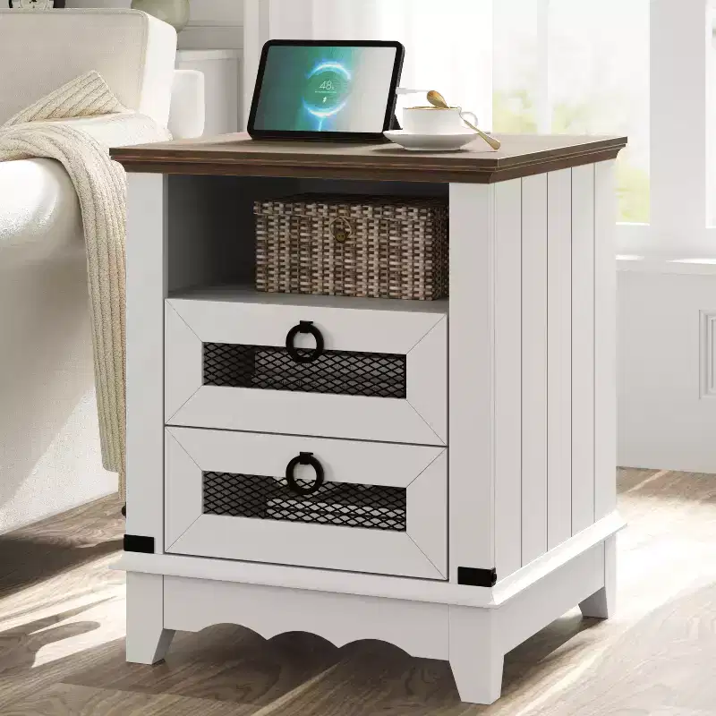 Farmhouse Nightstand , 2 Drawers and Open Storage Shelf, for Bedroom or Living Room
