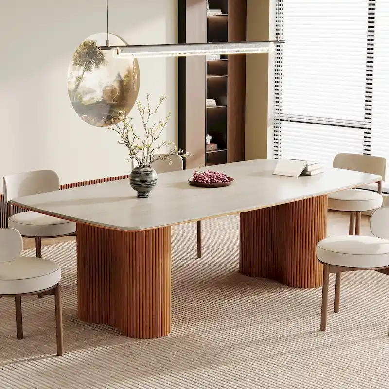 78.7 Rectangle Dining Table, Luxury Sintered Stone Kitchen Table with Solid Wood Legs