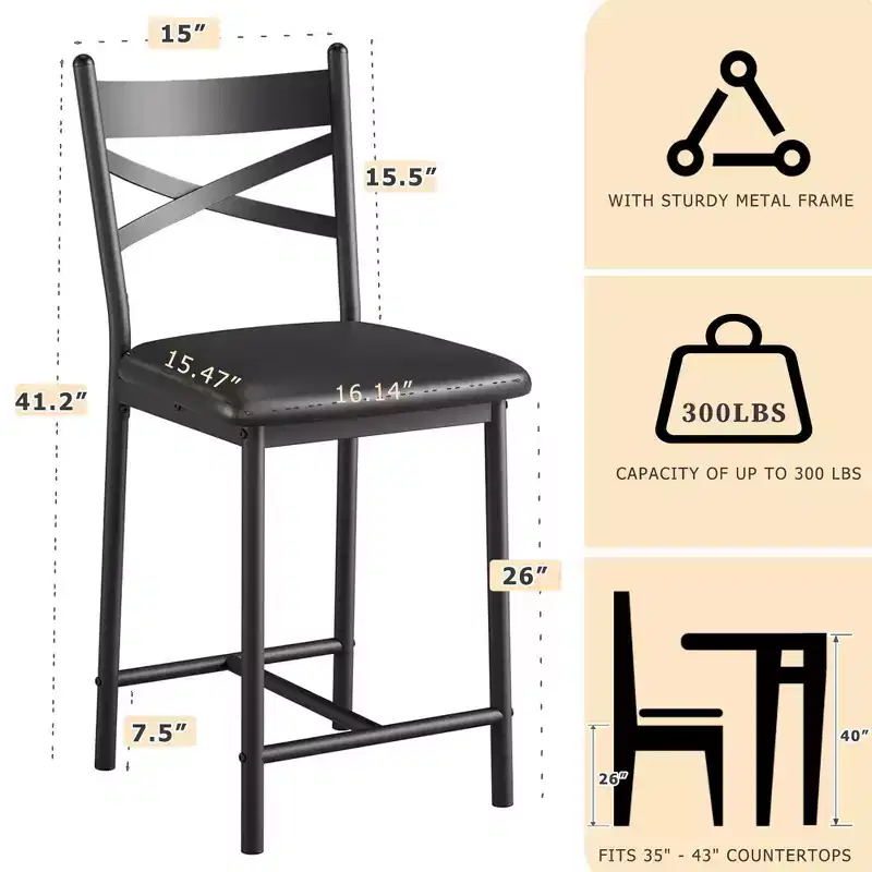 Set of 4 Counter Height Bar Stools 26 Black PU Leather Upholstered Seats, Metal Frame, X-Back Design, Footrest for Kitchen Island, Dining Room