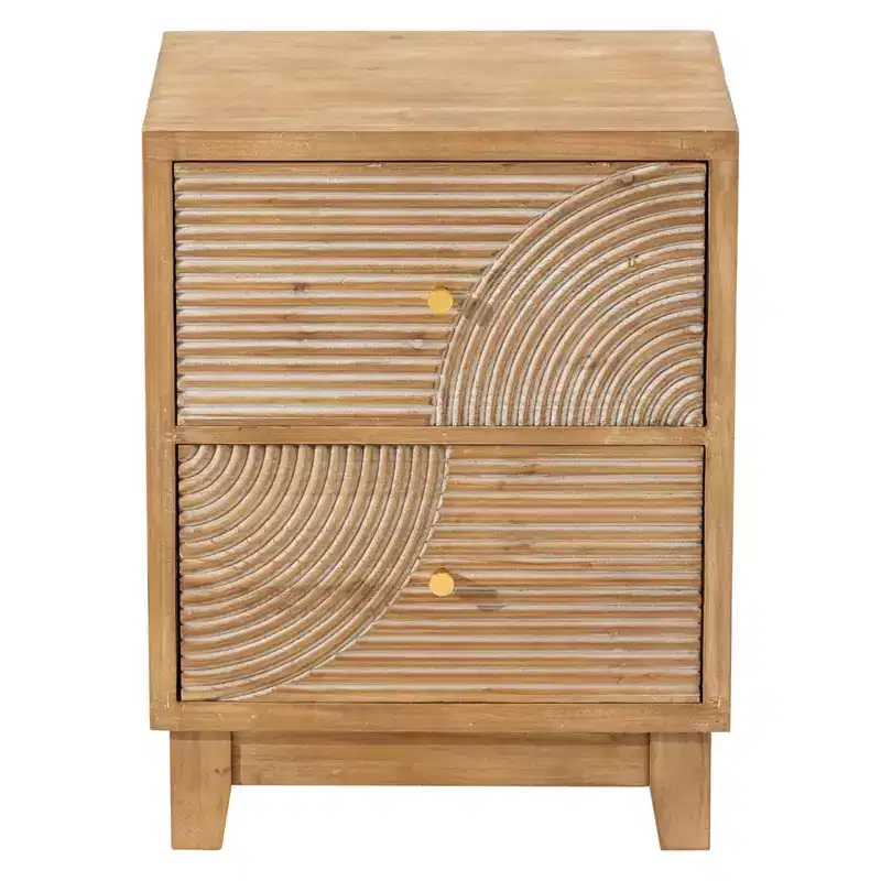 Farmhouse 2 Drawer Nightstand with Handcrafted Wood Ring Pattern, Mid-Century Boho Night Stand for Home Bedrooms, Natural Wood