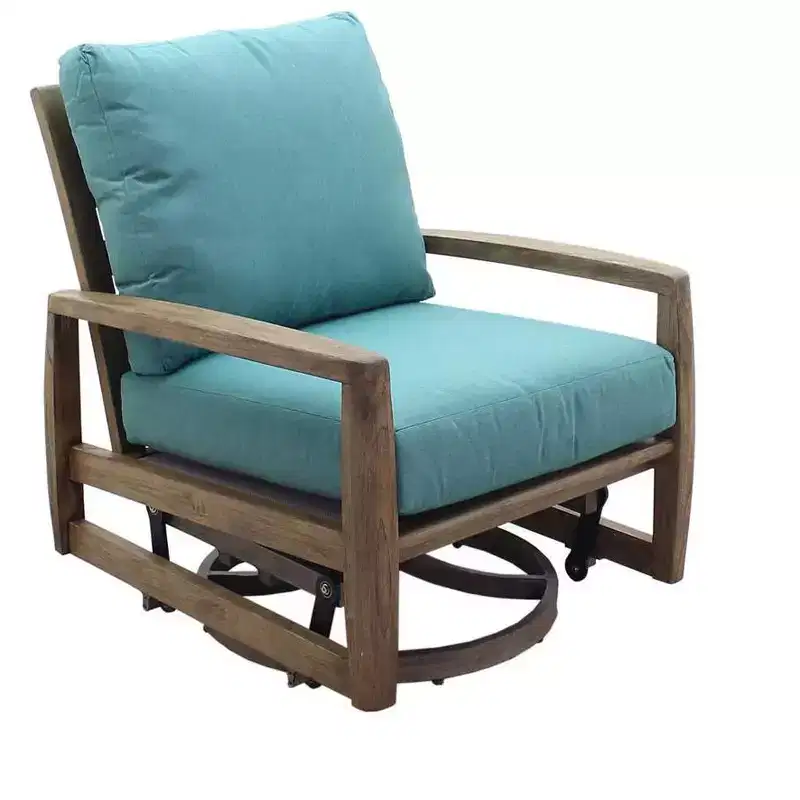 Courtyard Casual Avalon FSC Teak Swivel Glider Teak in Heather Gray finish Sling deck under cushion for comfort Sunbrella Fabric