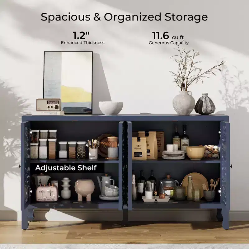 Buffet Cabinet with Storage, Distressed Storage Cabinet with 4 Carved Doors and Adjustable Shelf, Wooden Accent Sideboard Buffet Cabinets