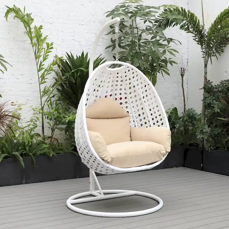 Patio Hanging Egg Swing Chair with White Wicker Shell and Iron Frame for Indoor Outdoor Patio Porch Garden Backyard