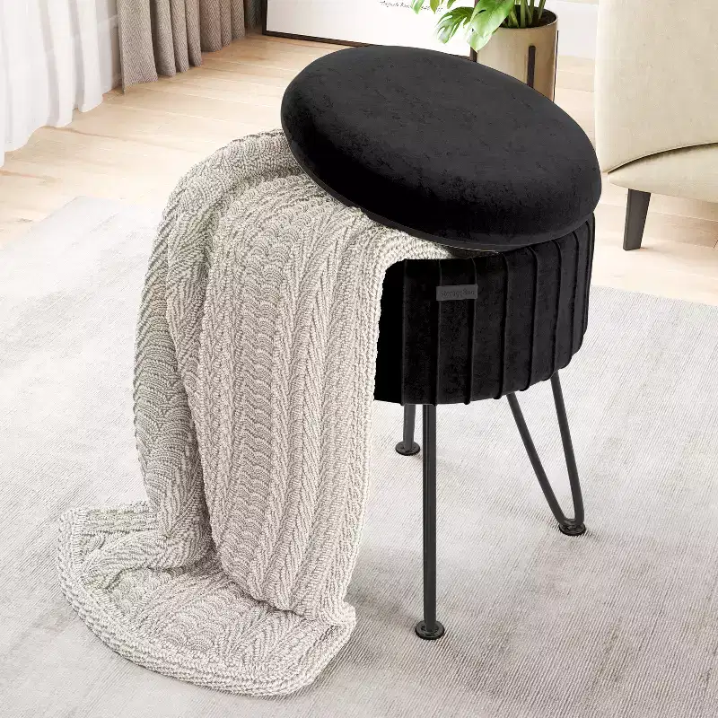 StorageBud Pleated Velvet Storage Ottoman, Round Ottoman with Storage, Foot Stool Ottoman for Living Room and Bedroom, Modern Foot Rest