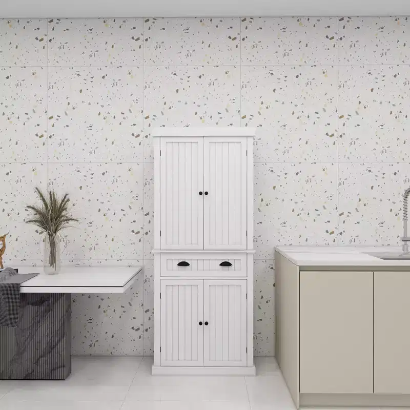 White Wood 29.92 in. Pantry Cabinet with Doors and DrawersAdjustable Shelves