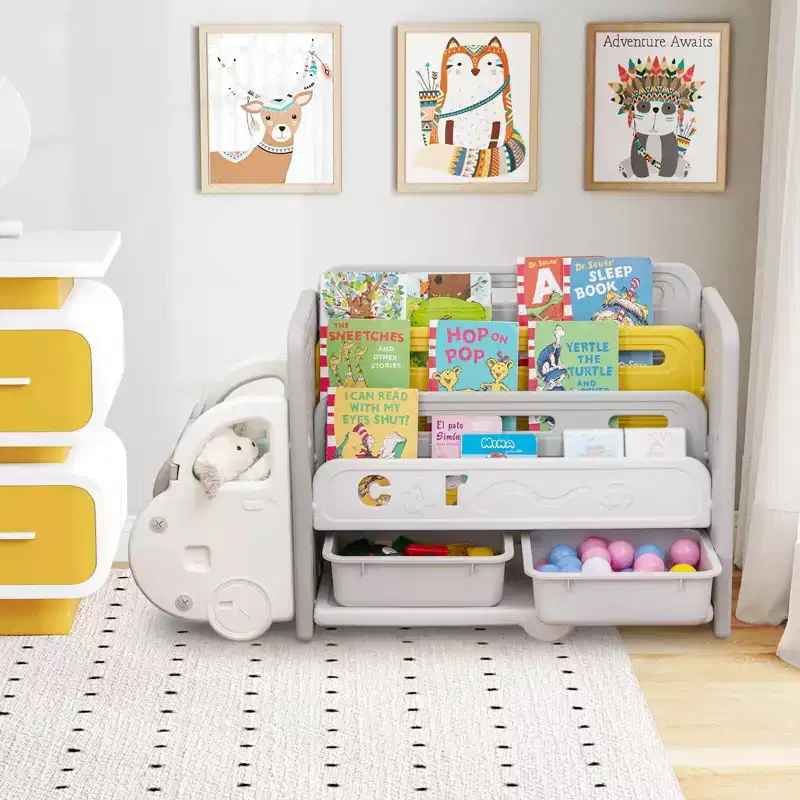 Costway 3-Tier Kids Toy Storage and Bookshelf with 2 Storage Boxes Decorative Car Head