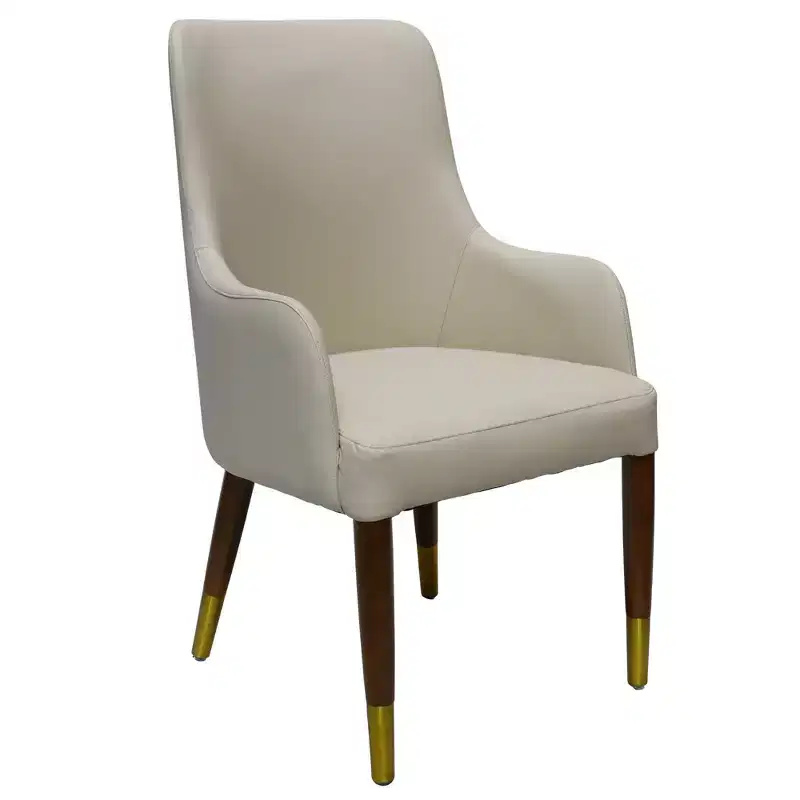 Dining Armchair in Leather Upholstery with Gold Accent Wood Legs for Modern Kitchen and Home