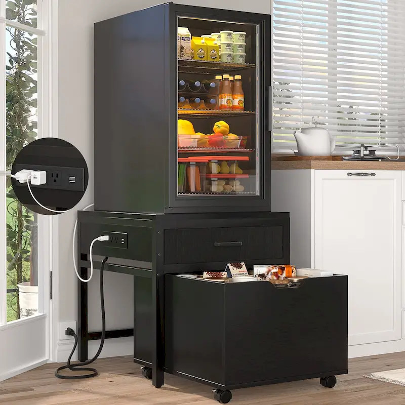 Mini Fridge Stand with Charge Station, Side/ End Table with Storage Drawers and Rolling Cabinet