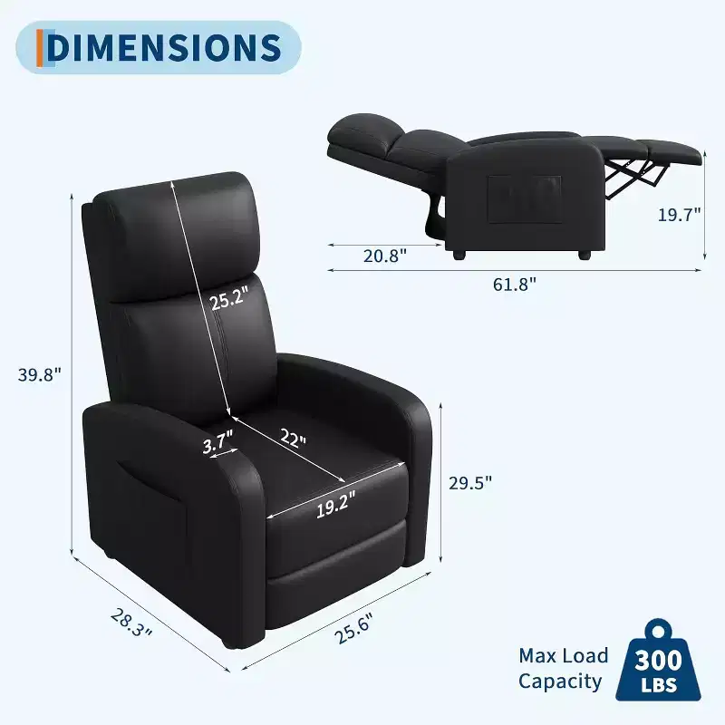 PU Leather Recliner Chair, Ergonomic Adjustable Single Sofa with Side Pocket, Tall Back, Wide Arms, Padded Seat