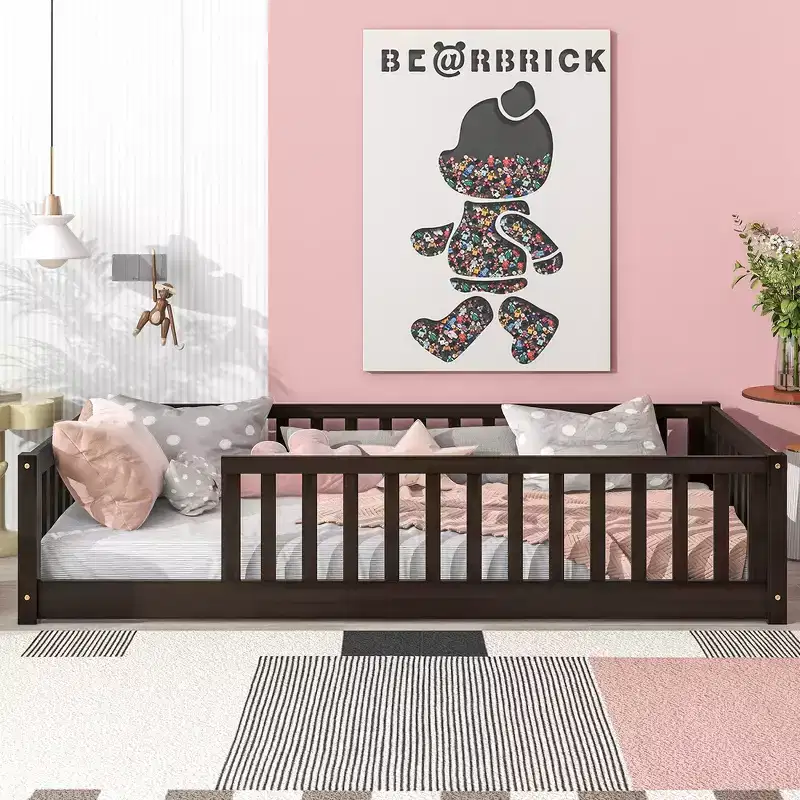 Whisen Twin Bed & Rubber Wood Floor Bed with Fence without Door, Multi - Functional Floor Bed for Kids' Sleep & Play