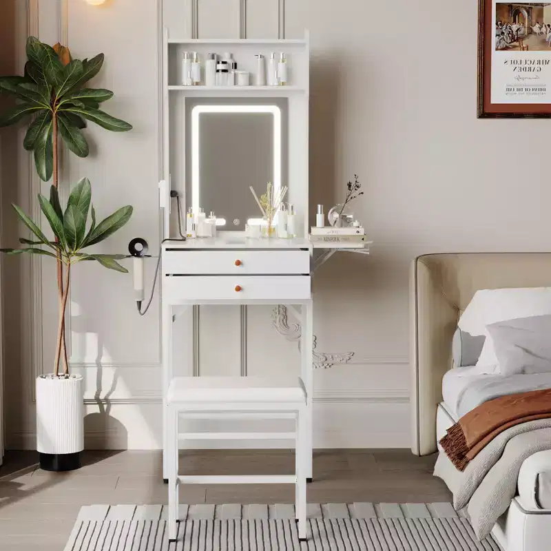 Small Makeup Vanity Desk Set with Mirror,Mini Makeup Vanity with Adjustable Lighted,2 Drawers,Hair Dryer Holder,Fold-Up Panel,Compact Makeup