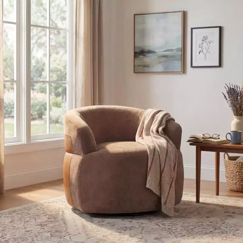 Modern Swivel Accent Chair, Barrel Design, Wood Frame and Metal Legs