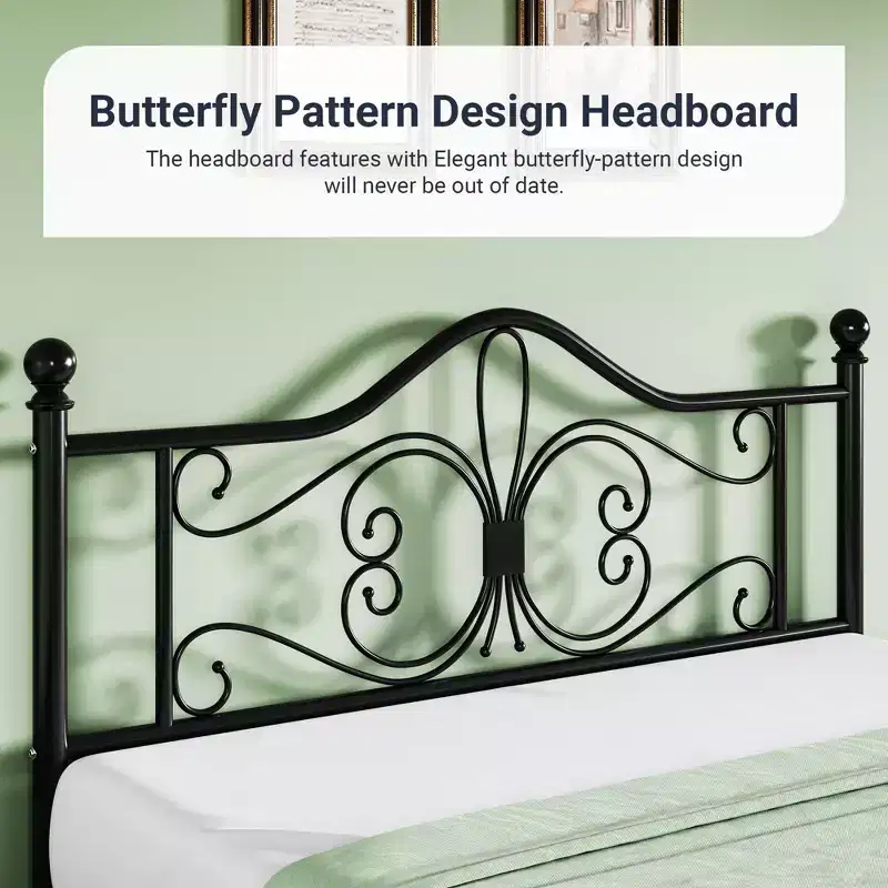 Kids Metal Bed Frame with Butterfly Headboard and Footboard, No Box Spring Needed