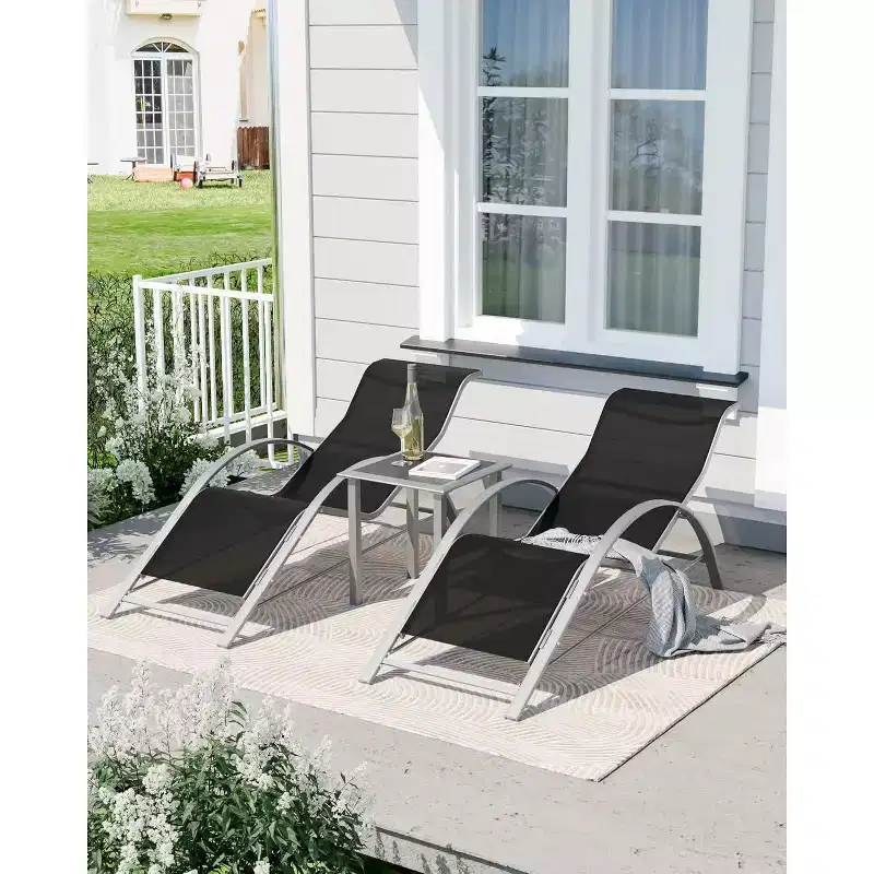 3Pcs Outdoor Patio Chaise Lounge Chair, Beach Sunbathing Lawn Lounger Recliner Chair with Arm & Side Table for Poolside, Deck, Balcony, Backyard