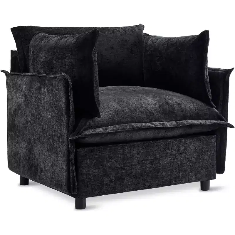 VINGLI Black Accent Chair 34 Width Oversized Reading Chair Upholstered Armchair Soft Chenille Fabric Living Room Chairs Sofa for Adults Bedroom