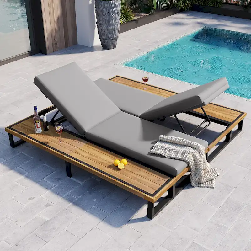 76.8W Outdoor Patio Chaise Lounge Chair Set of 2 with 5-Position Adjustable Backrest - N/A