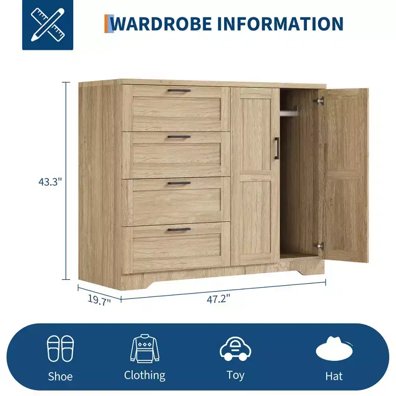 43.3 H Wood Armoire Wardrobe Closet with 4 Drawers & Hanging Rod, Multifunctional Bedroom Clothing Storage Cabinet Dresser