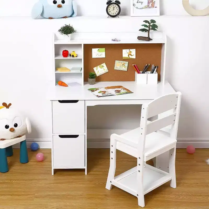 Kids Desk, Study Desk and Chair Set for Boys and Girl, Wooden Kids Writing Table with Bookshelf, Bulletin Board, and Cabinets for Ages 3-8
