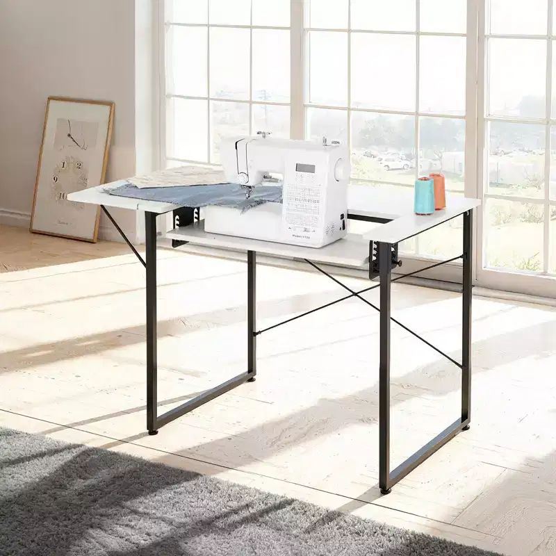 Multipurpose Sewing Table with Foldable Shelf & Steel Legs, White