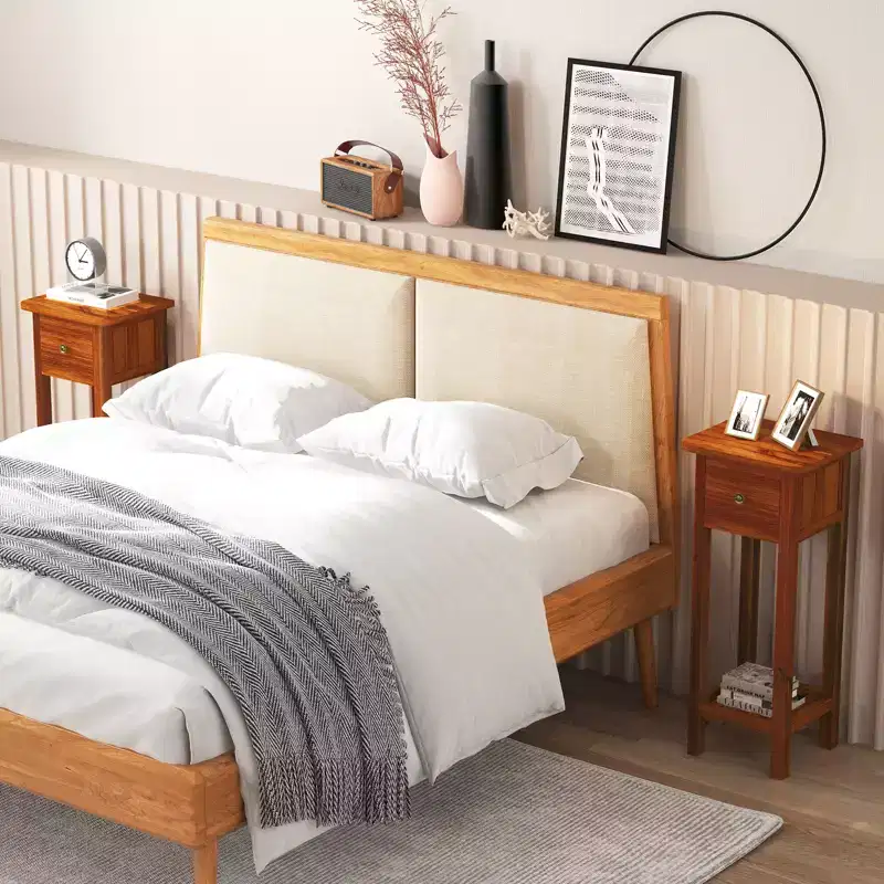 Costway 2PCS Solid Wood Side Table with Acacia Wood Top Drawer & Open Shelf Small Nightstand