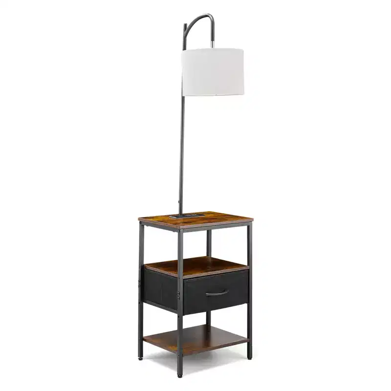 Floor Lamp with Table, 3-Tier End Table with Drawer and 3 Color Temperature Lighting, Modern Side Nightstand with USB, Brown & Black