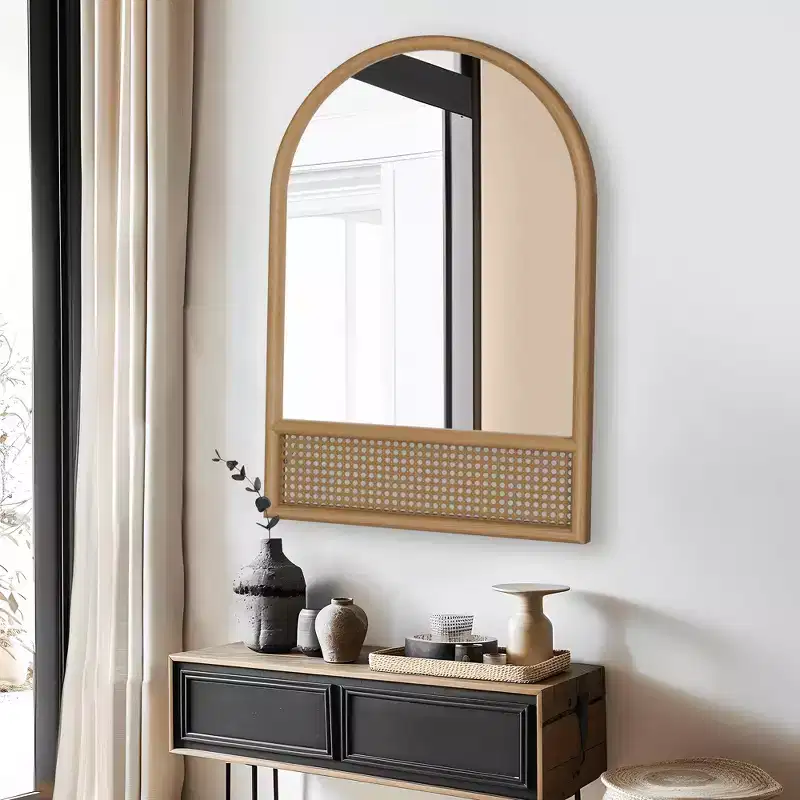 Arch Wall Mirror with Rattan Wood Frame, 36x24 in, Brown