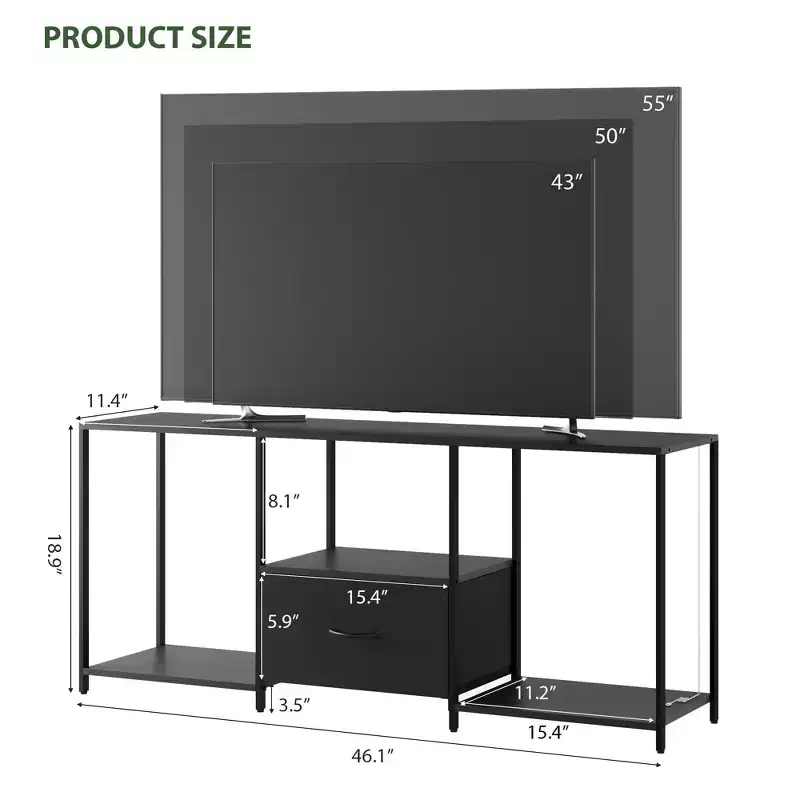 COZONY Metal and Fabric TV Stand, Modern Entertainment Center with Open Shelves & Drawer