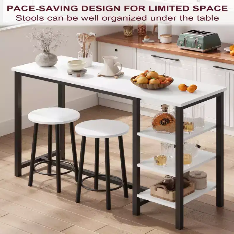 3-Piece Bar Table & Chairs Set with 2 Stools & 3-Tier Storage Shelves, Space-Saving Kitchen Counter Table for Home/Kitchen