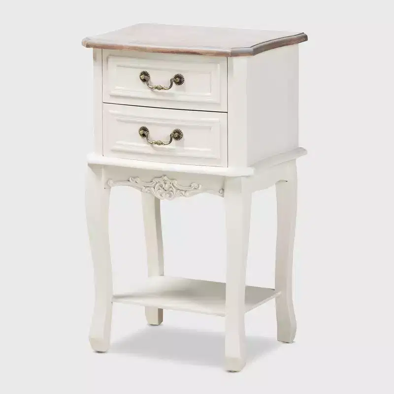 Amalie 2 Drawer Wood Nightstand White/Oak - Baxton Studio: French Provincial Style, Brass Handles, Open Shelf