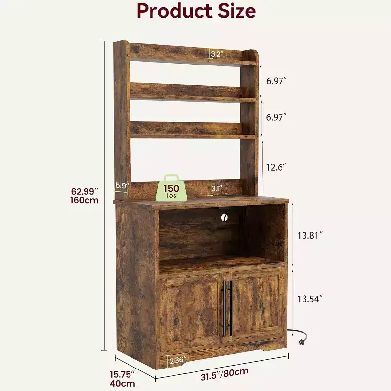 Farmhouse Bakers Rack, Microwave Stand with Cabinet, Kitchen Hutch Pantry Cabinet, Kitchen Coffee Bar Cabinet for Spices, Dishes, and Pots