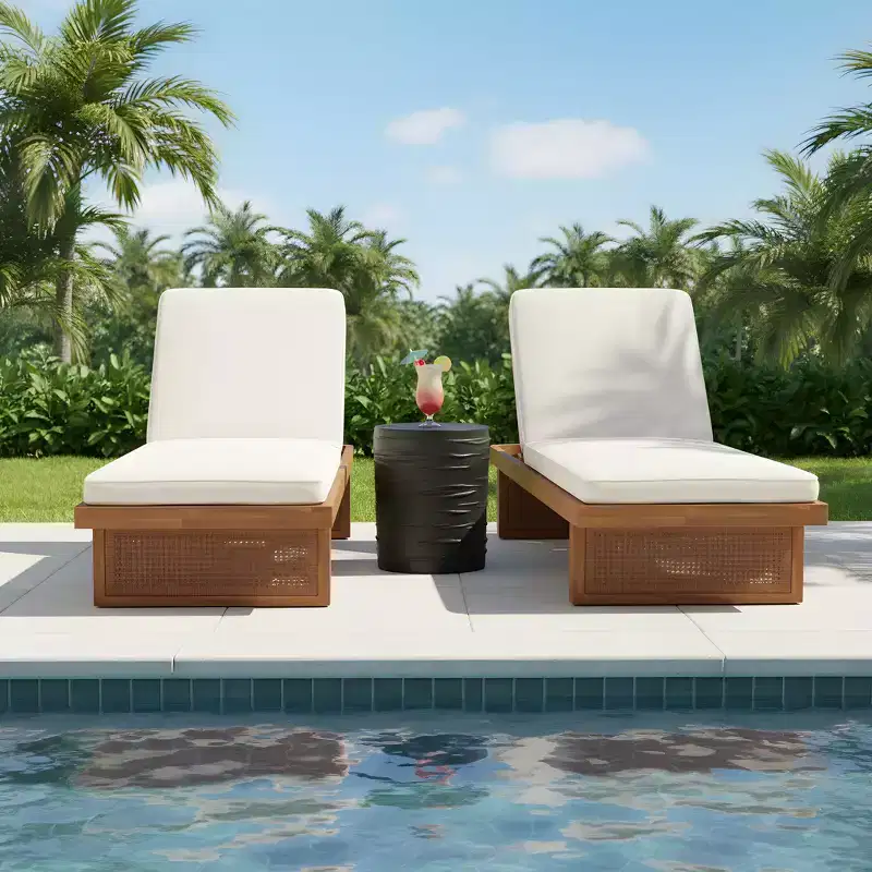 Christopher Knight Home Zenaida Patio 3 Piece Acacia Wood Rattan Sunlounge Set with Cushion and Lightweight Concrete Table
