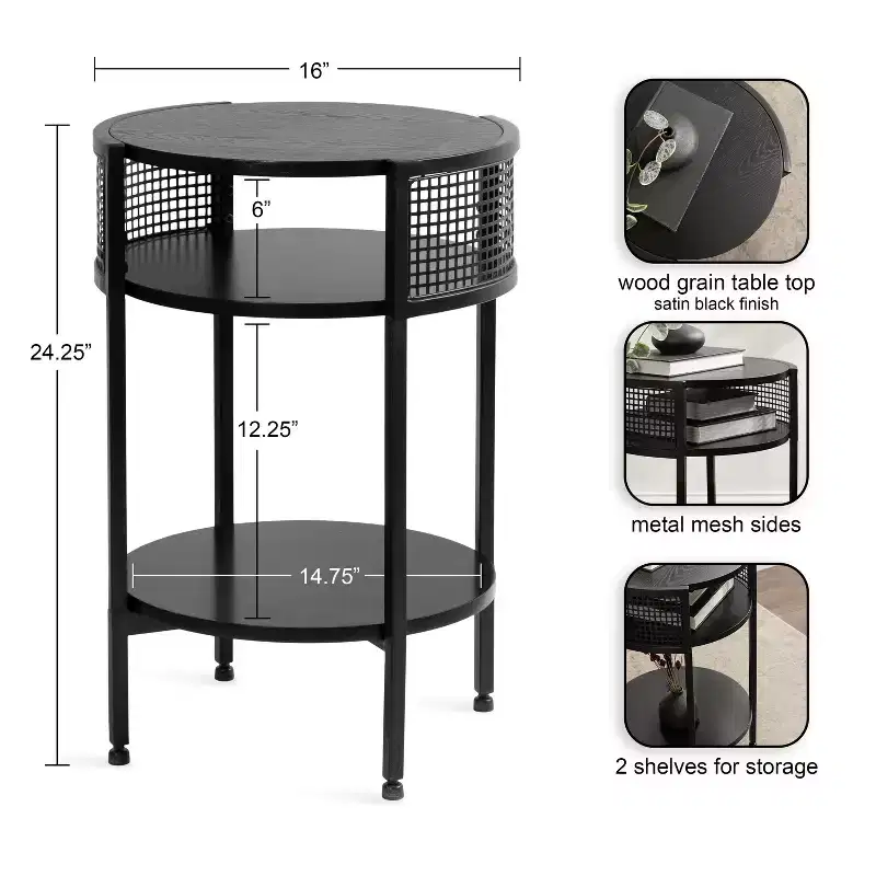 Kate and Laurel Urso Round Side Table Wood and Metal, 16x15x25, Black