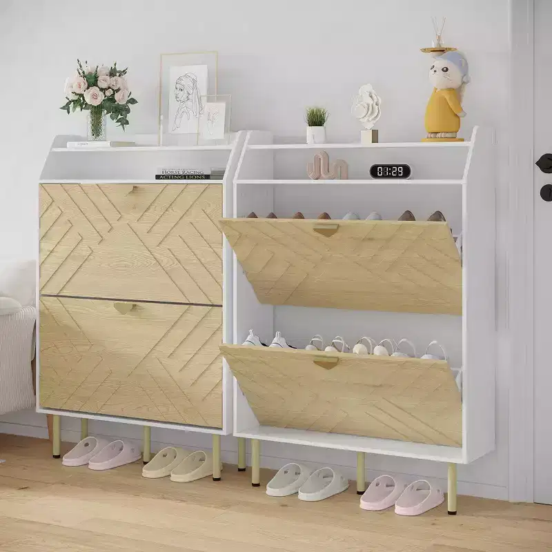 Shoe Cabinet, Entryway Cabinet  45H 2-Flip Drawer Wood Cabinet White+Wood Hidden Storage 31.1W x 9.1D