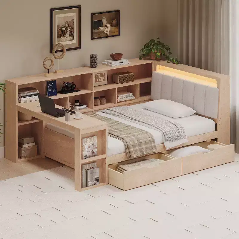 Twin/Full Size L-shaped Daybed Wooden Corner Bed with Storage Bookcase, Drawers, LED Light, Desk & Upholstered Headboard - ModernLuxe